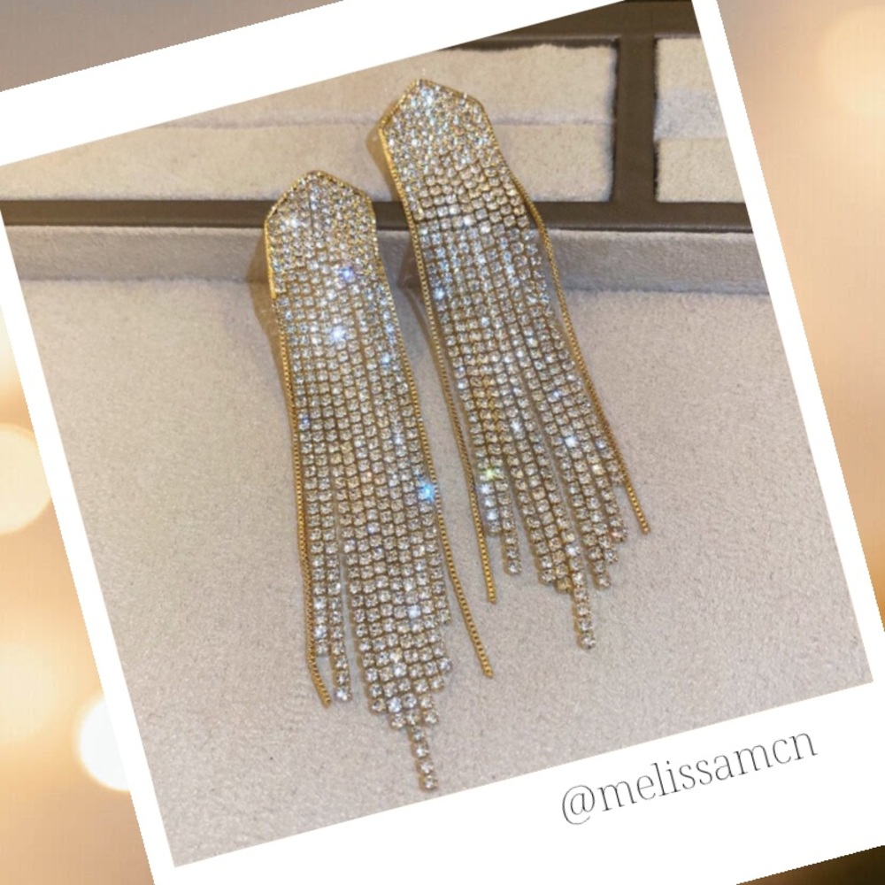 Rhinestone Fringe Dangle Earrings Prom Pageant Bridal Formal - Picture 8 of 8
